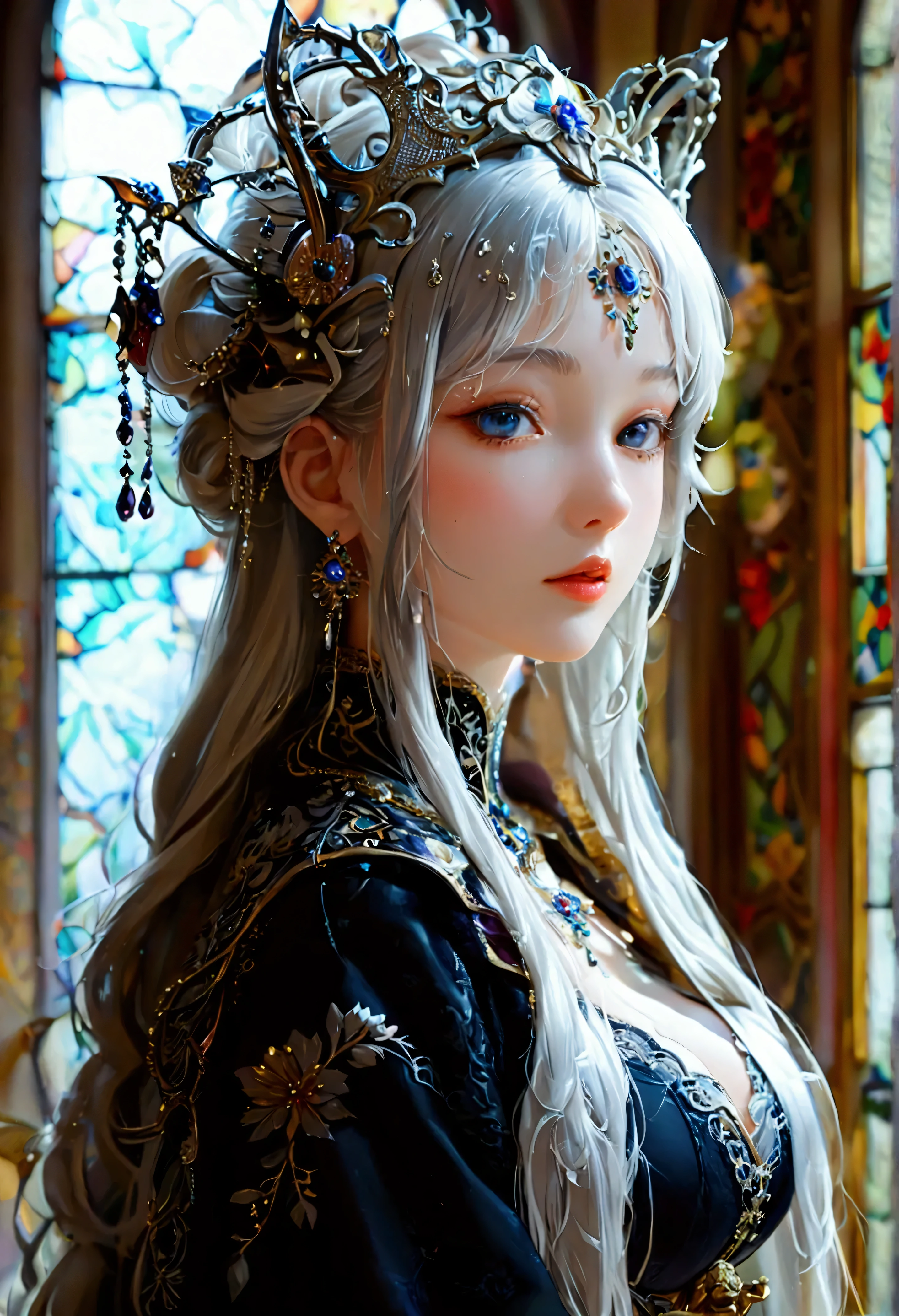 Highest quality, Super quality, 16K, Incredibly absurd, Very detailed, 2.5D, delicate and dynamic, palace, Stained glass, chandelier, Complex Light, , , , Small face, Extremely delicate facial expression, Delicate eye depiction, Extremely detailed hair, (full body photo:1.3), erotic, sole sexy Japanese lady, healthy slim body, 22 years old lady, emperor,  ((large breasts:1.2), (huge breasts:1.2), (Uplifted and well-defined bust:1.2), (lifted chest:1.2), (perky breasts :1.2),(deep cleavage:1.4),, white silver long hair, sexy long legs, Glowing Skin, Soft Skin, wearing a black mage costume, A complex costume, Costumes in complex colors, Are standing, 