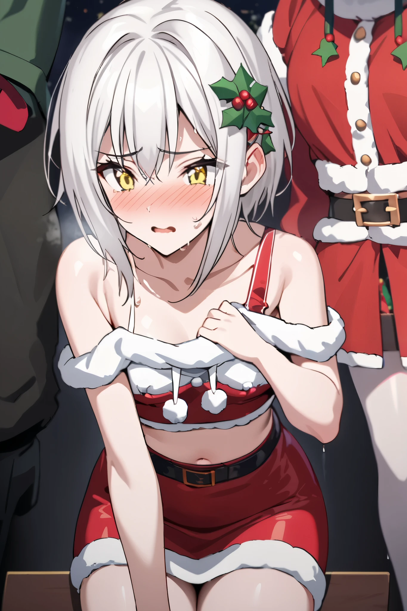 NSFW,masterpiece, top quality , high definition , very detailed,Tacheng kitten、 short hair、 hair ornament、 yellow eyes、White Hair, Santa Claus, crop top, miniskirt, shoulder out,Embarrassed,blush,companion,Nightlife