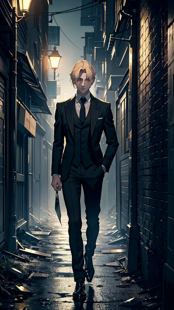 An enigmatic young man with an ethereal yet haunting presence stands in a dimly lit urban alley. His golden-blond hair gleams faintly, falling softly around his perfectly symmetrical face, contrasting sharply with his piercing ice-blue eyes that seem to harbor a bottomless void. Johan Liebert wears a sleek, tailored suit in muted tones, its sharp lines accentuating his composed and almost unnervingly perfect demeanor. Around him, the shadows stretch unnaturally, as if drawn to him, their jagged shapes hinting at the chaos lurking beneath his calm facade. The faint glow of a distant streetlamp barely illuminates the cobblestone ground, while the air seems thick with tension and foreboding. His faint, chilling smile hints at a sinister genius, as if he’s orchestrating an unseen masterpiece of destruction. The backdrop teems with subtle details—a cracked wall, graffiti scrawled in cryptic messages, and faint wisps of mist curling through the scene, lending it an eerie and oppressive atmosphere