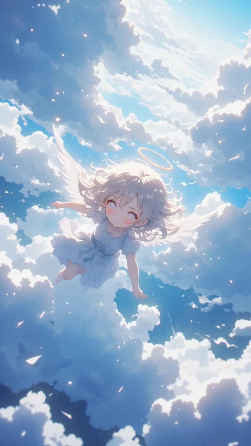 （masterpiece、 High Quality 、 high image quality、4K、8k、 Details）、The steep descent of a cute angel、Rapid descent from the sky、（ motion blur ：2.0）