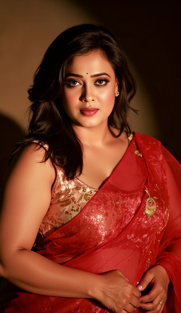 a photo portrait of a beautiful woman 50 years old , padosan aunty, aunti ji, maharani, rajmata, goddess, kamadevi, clothes inspired by hindu mythology, mature aunty, milf aunty, mature beauty, curvy mommy, Sexy milf, sleeveless aunty, curvy hot mommy figure, fleshy figure, thick arms, big boobs, feminine curve, deep red lips, vintage ethnic traditional Indian saree without blouse, boobs visible,revealing attire, styled black hair, (face portrait:1.5), dramatic light, Rembrandt lighting scheme, full body shot, top quality editorial photograph, skin texture, skin pores, fair milky skin, high quality skin, top quality photography, professional photography, professional retouching, insane detailing, warm moody tones, highly detailed stubble armpits, skin pores, visible veins, skin texture, freckles 0.2,plump body, deep navel, toned belly, tattoos in arm,detailed stubble armpits, insanely detailed skin texture,rough mature skin, visible pores, fine lines, alluring desi Amma, deep navel, yummy mummy,sexy mature loose skin,