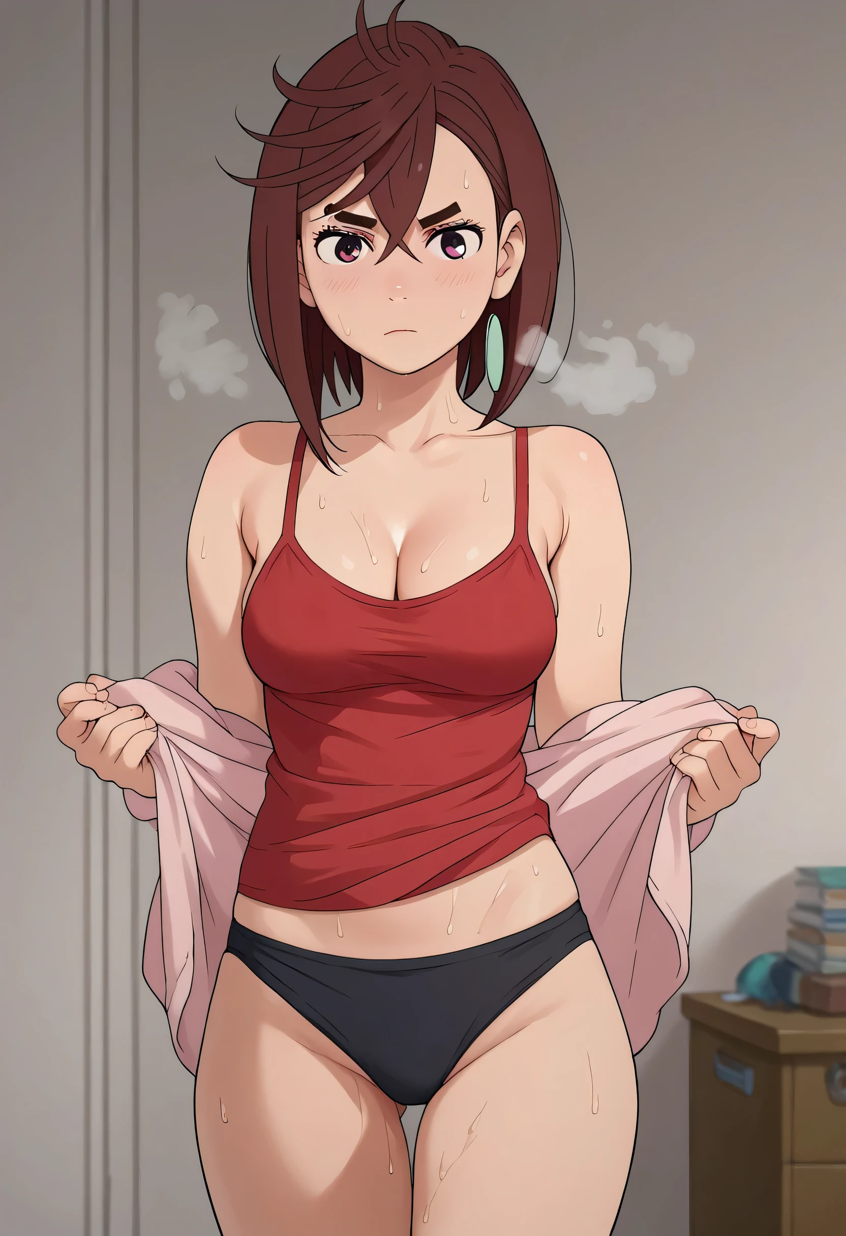 momo ayase, short hair, brown hair, brown eyes, bangs, thick eyebrows, medium breasts, red camisole, black panties, standing, steam, sweat:1.3, blush, looking at viewer, red camisole, glaze at viewer, cleavage,