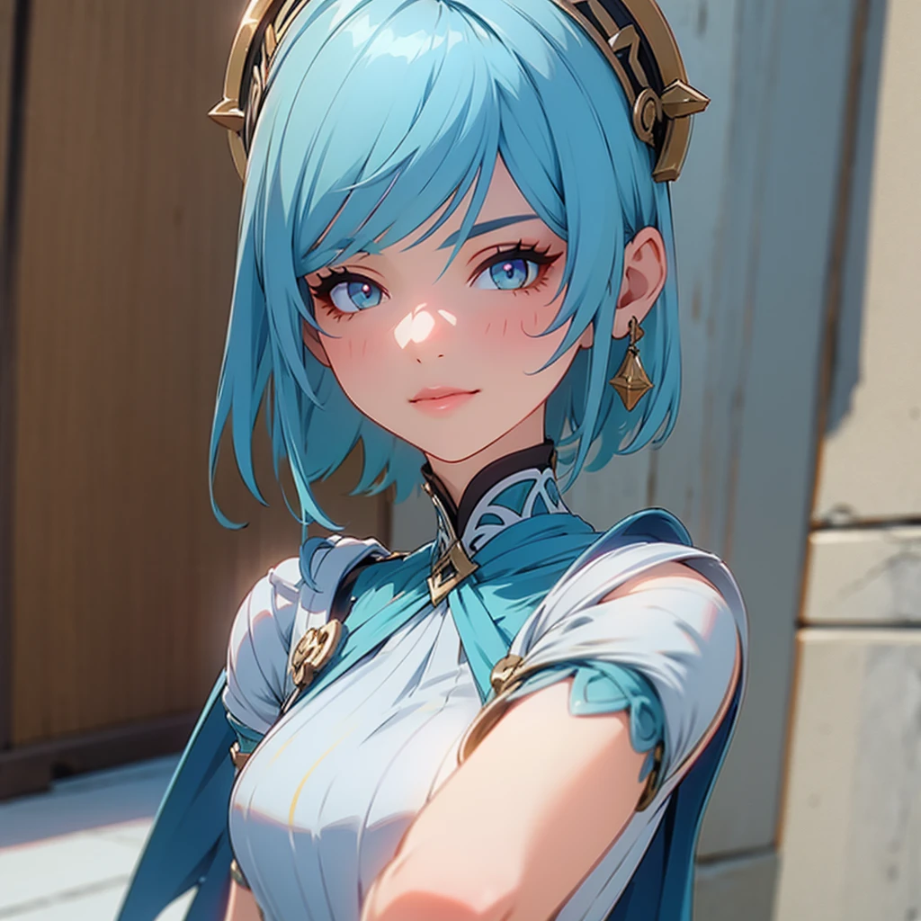 1girl, green short hair, bright yellow eyes, beautiful detailed eyes, beautiful detailed lips, extremely detailed face, cute smile, (blue skin), greek clothing, white background, ((character sheet)), (best quality,4k,8k,highres,masterpiece:1.2),ultra-detailed,(realistic,photorealistic,photo-realistic:1.37),concept art,digital painting,vibrant colors,natural lighting, full body