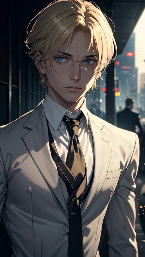 An enigmatic young man with an ethereal yet haunting presence stands in a dimly lit urban alley. His golden-blond hair gleams faintly, falling softly around his perfectly symmetrical face, contrasting sharply with his piercing ice-blue eyes that seem to harbor a bottomless void. Johan Liebert wears a sleek, tailored suit in muted tones, its sharp lines accentuating his composed and almost unnervingly perfect demeanor. Around him, the shadows stretch unnaturally, as if drawn to him, their jagged shapes hinting at the chaos lurking beneath his calm facade. The faint glow of a distant streetlamp barely illuminates the cobblestone ground, while the air seems thick with tension and foreboding. His faint, chilling smile hints at a sinister genius, as if he’s orchestrating an unseen masterpiece of destruction. The backdrop teems with subtle details—a cracked wall, graffiti scrawled in cryptic messages, and faint wisps of mist curling through the scene, lending it an eerie and oppressive atmosphere