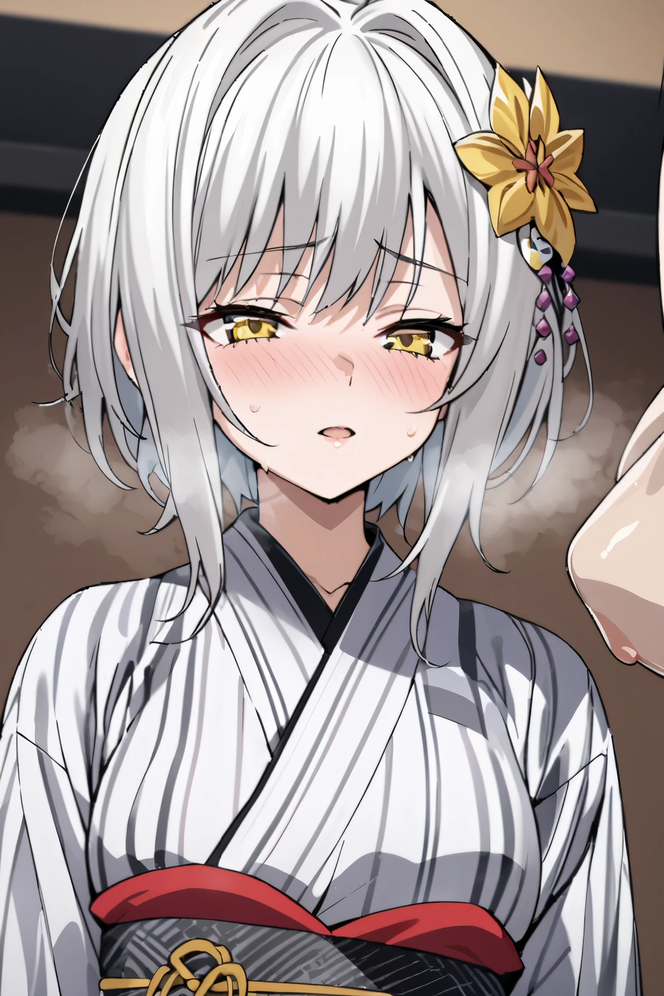 NSFW,masterpiece, top quality , high definition , very detailed,Tacheng Kitten、 short hair、 hair ornament、 yellow eyes、White Hair,yukata, kimono, lustful face,Heavy breathing