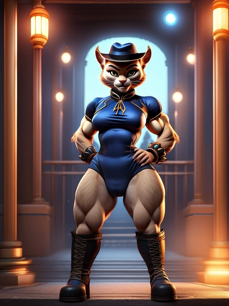 Puss in Boots, DreamWorks Animated, Leotard, ((Wearing a fedora hat with a yellow feather)), 3:1 Hip to leg ratio, Chun Li Outfit, Hourglass-Shaped Torso, Wide Hips, Muscular, Medium Breasts, Brighter Lighting