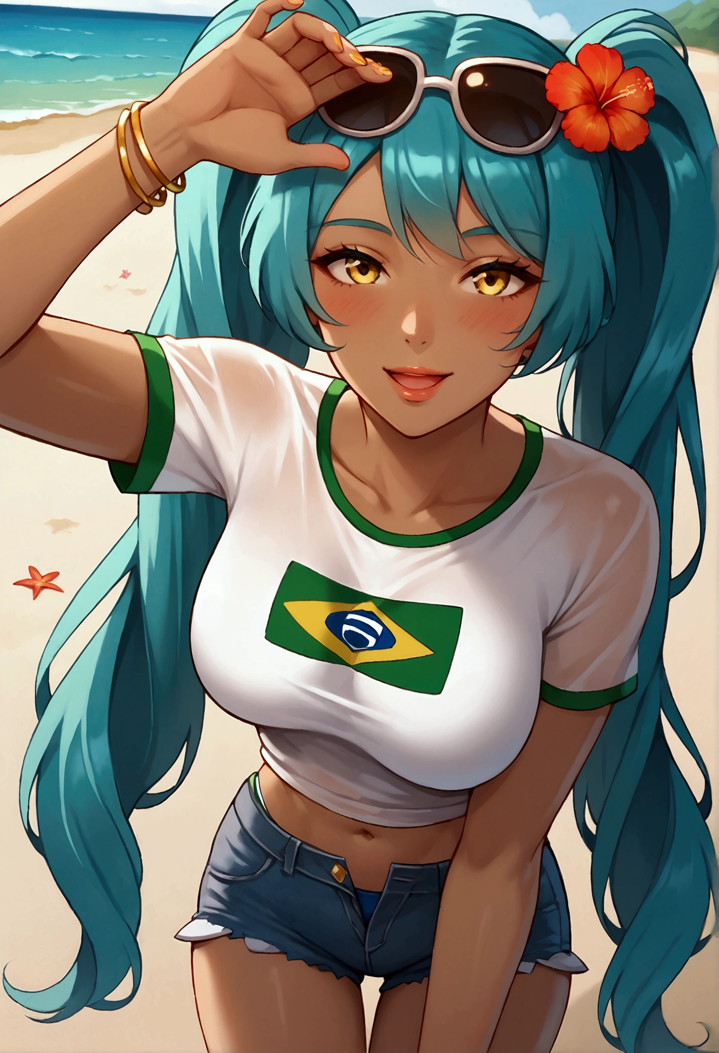 
Full quality, HD, 8k, Ultradetailed, beautiful, high detailed, 1 girl, Miku Brazil, Brazilian Miku, seductive eyes, lips, drunke, blushing,smile, open mouth, eyes up,brown skin, fit body, flat busty, blue hair, two very long pigtails, up sunglasses on head, flowers on hair, bikini, yellow tight Brazil t-shirt, tight jeans shorts, Beach, beach day, clear day, sensual pose, taking off her clothes, strip, strip game, stripper girl, undress, unclothe,  taking off her t-shirt, undressing, undressing clothes, undressing herself, pov
