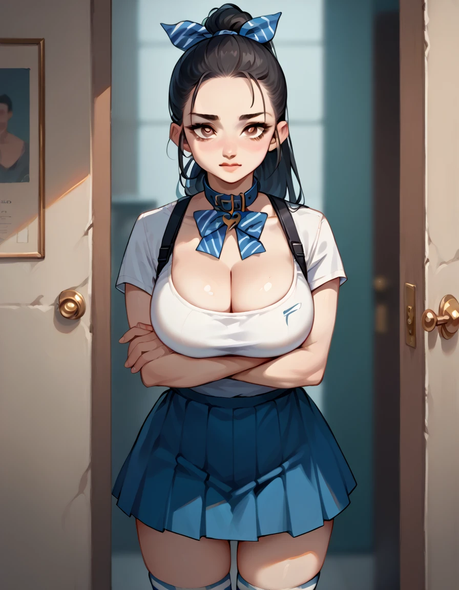  Sexy Girl Standing by the Door， ponytail，hair ribbon , white short sleeve， blue striped collar ， blue pleated skirt ， arms crossed in front of chest looking at you,Cleavage cutting,Giant breasts, huge ass, striped knee socks strangled legs ,Thick Legs，Black Hair, Brown Eyes ,, heart shaped pupil,Source_anime open forehead 