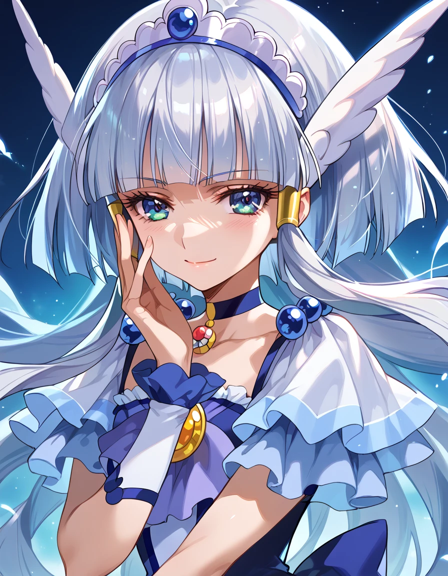 detailed background, shiny skin, posing, rating safe,  half-closed eyes, seductive  evil smile,curebeauty,,(Extremely beautiful anime style:1.2),( Silver Hair),Dark aura