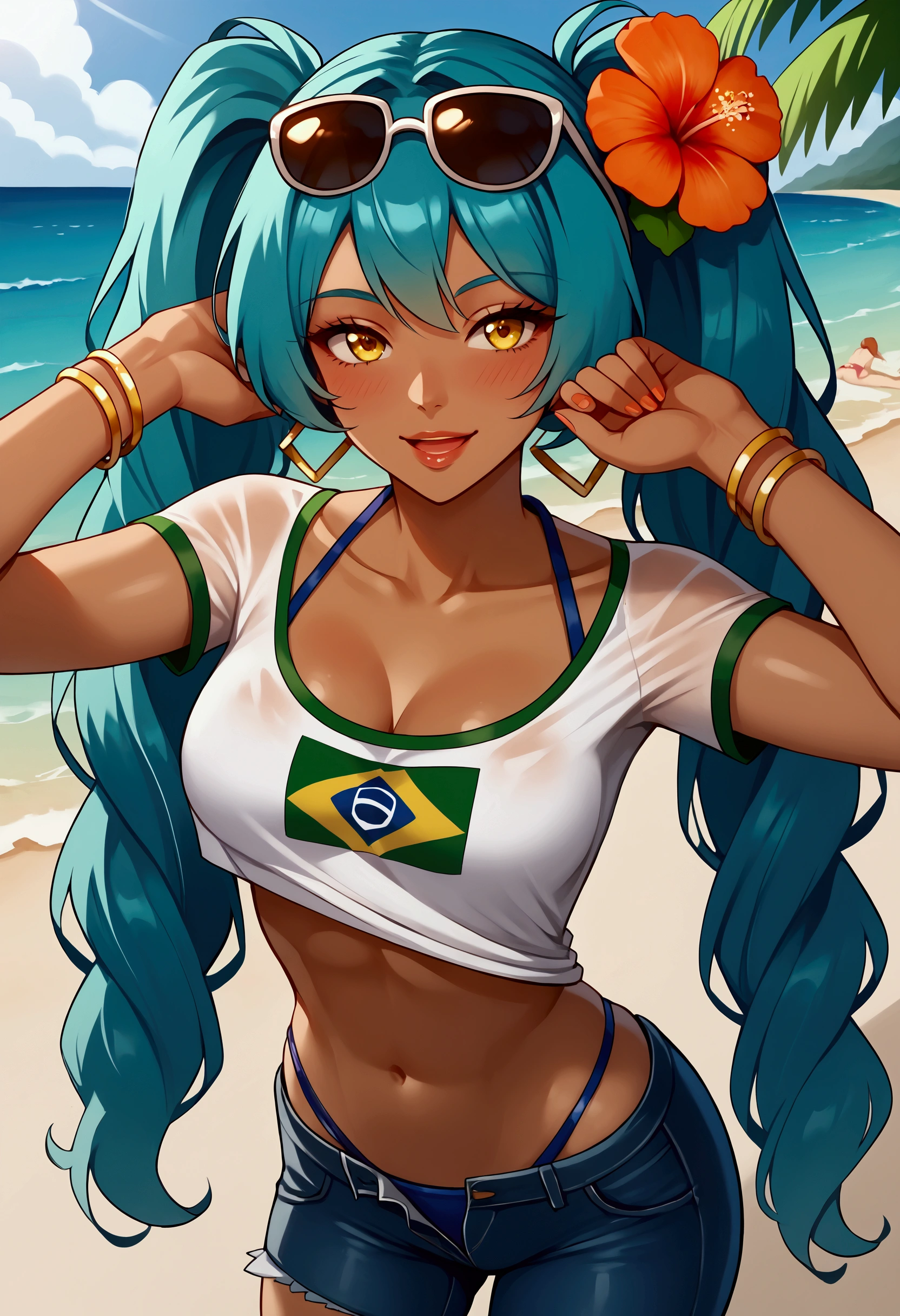 Full quality, HD, 8k, Ultradetailed, beautiful, high detailed, 1 girl, Miku Brazil, Brazilian Miku, seductive eyes, lips, drunke, blushing,smile, open mouth, eyes up,brown skin, fit body, flat busty, blue hair, two very long pigtails, up sunglasses on head, flowers on hair, bikini, yellow tight Brazil t-shirt, tight jeans shorts, Beach, beach day, clear day, sensual pose, taking off her clothes, taking off her t-shirt, undressing, undressing clothes, undressing herself, pov