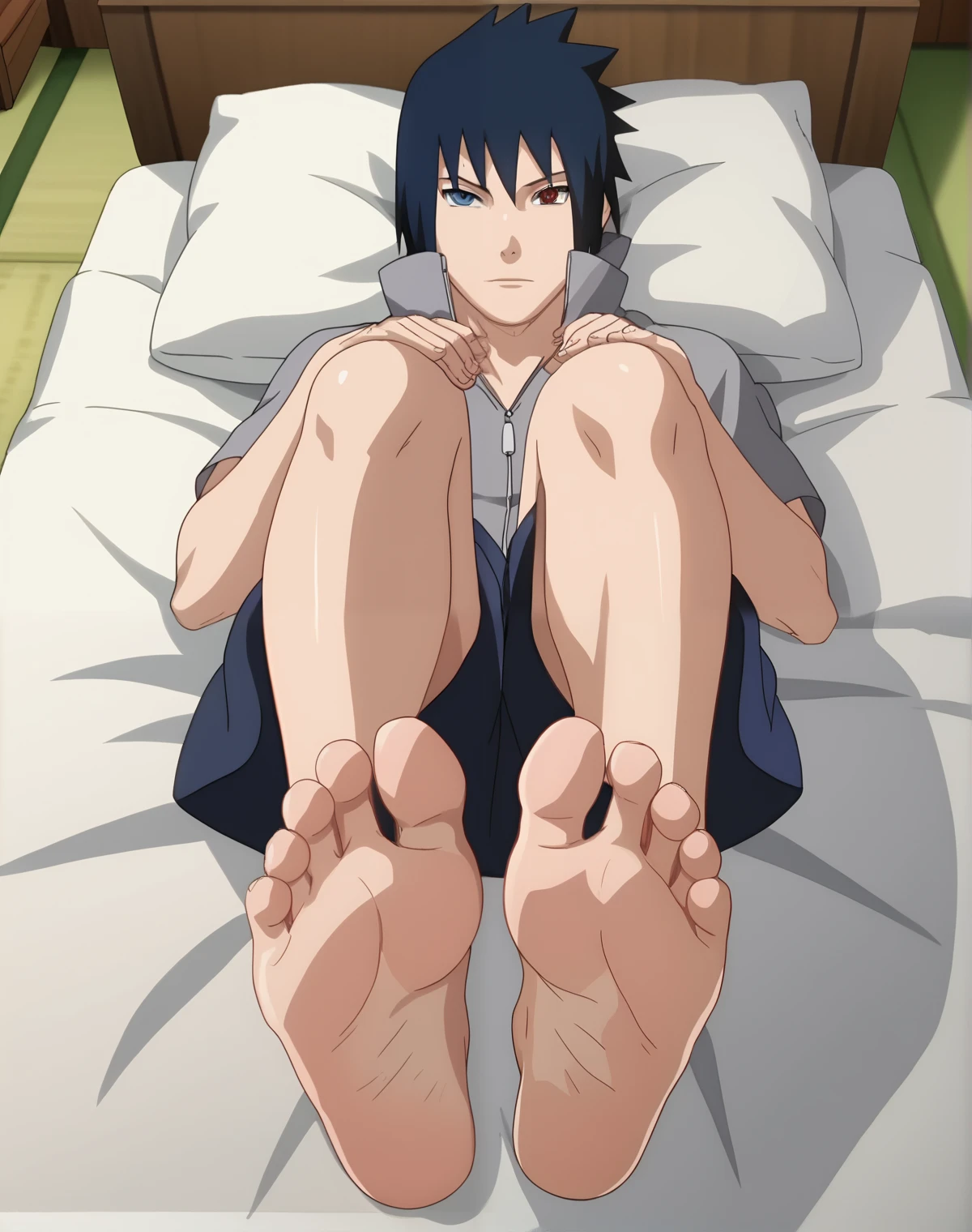 score_9, score_8_up, source_anime,
1boy, Sasuke Uchiha, alone, looking at viewer, cowboy shot, ANIME SCREENCAP, anime coloring, in his bedroom, lying on the bed with the stomach resting on the mattress, lifting legs to show his soles, barefoot, perfect feet, anatomically correct, soles, from above, focal length 35mm, each foot has five toes, front, symmetrical soles, foot focus,