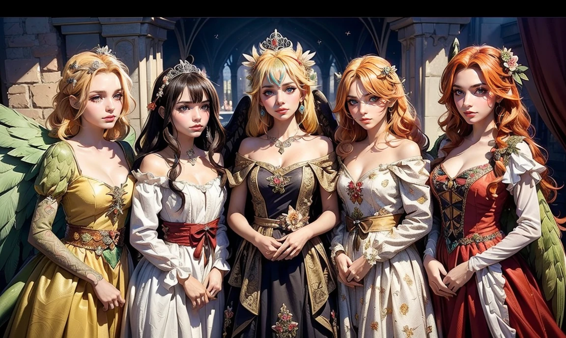 fantasy setting. close up. standing bunched in together in the middle of the picture. ((4 unique lovely harpy princesses:1.5)), unique personalities, ((each with a unique expression on face:1.5)), (((each with a unique natural hair colored:1.5))), ((red hair)), ((blond hair)), ((black hair)), (((each with unique natural eye color:1.5))), a hint of feathers on their skin, wearing elaborate tasteful flowing floral gowns, ((looking straight at the camera:1.5)), ((wings)), pretty castle ruins background.
