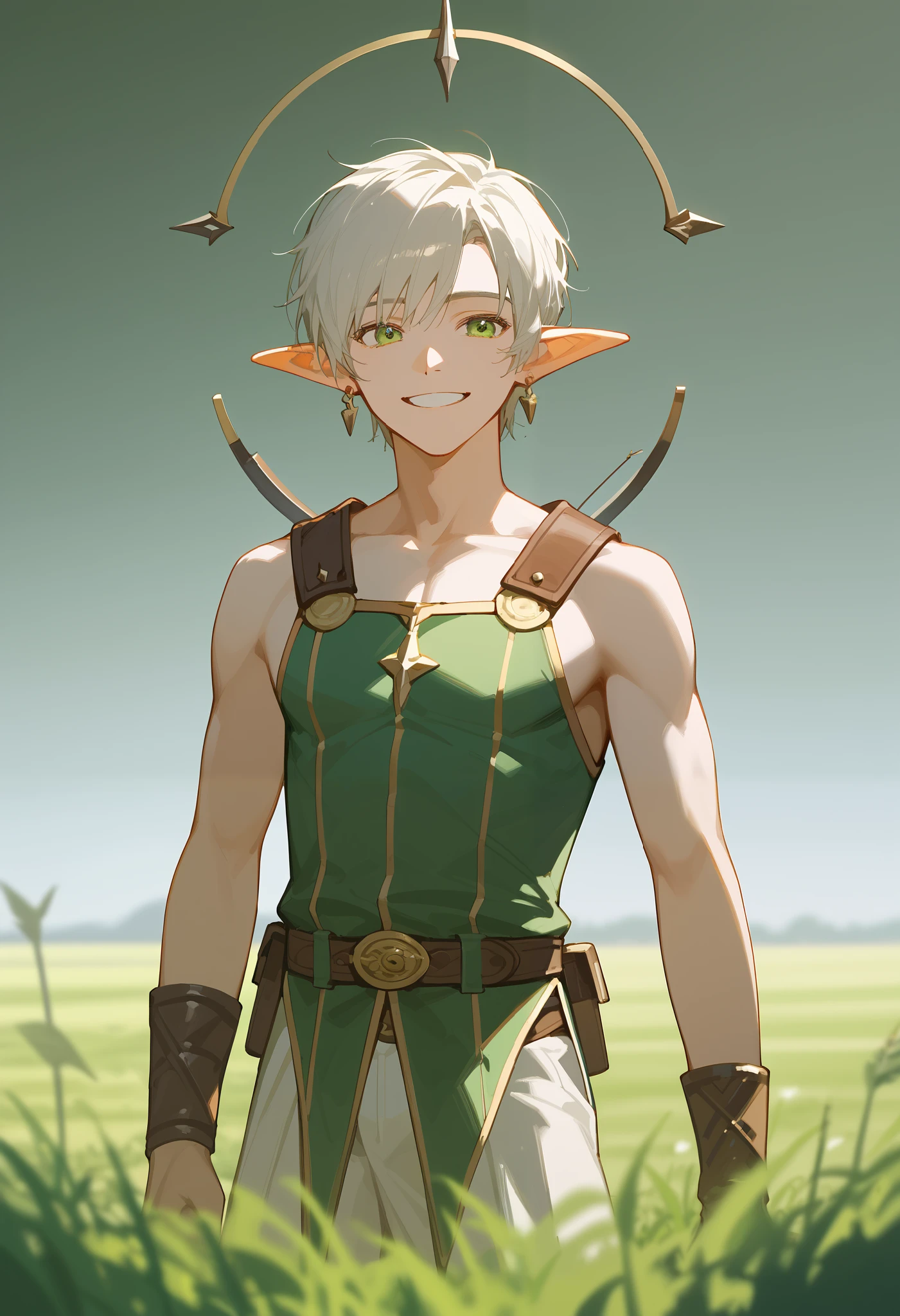 最佳品質masterpiece , high detail , light hair , 1 boy , on the grass, alone的 , pretty face,純white衣服 , white, background blur, Depth of Field, game scene, masterpiece, HD, Top Quality , alone, Attention spectator , Smile, short hair, Comma Navigation , Green Eyes ,earrings, belt, grassland, Elf, Vintage Clothing ,Greek style ,Elf耳朵,Bow and Arrow