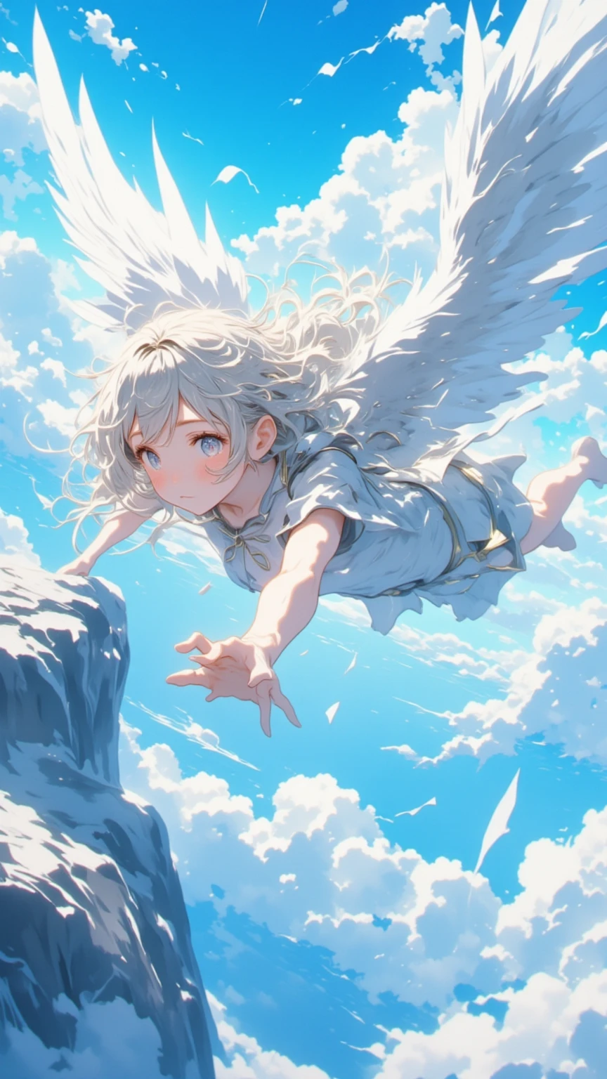 （masterpiece、 High Quality 、 high image quality、4K、8k、 Details、 Perfect Bodies、Correct body）、to plummet、a cute angel girl 、white wings, Skydiving Poses、Rapid descent from the sky、Express a sense of speed during a steep descent（ motion blur ：2.0）