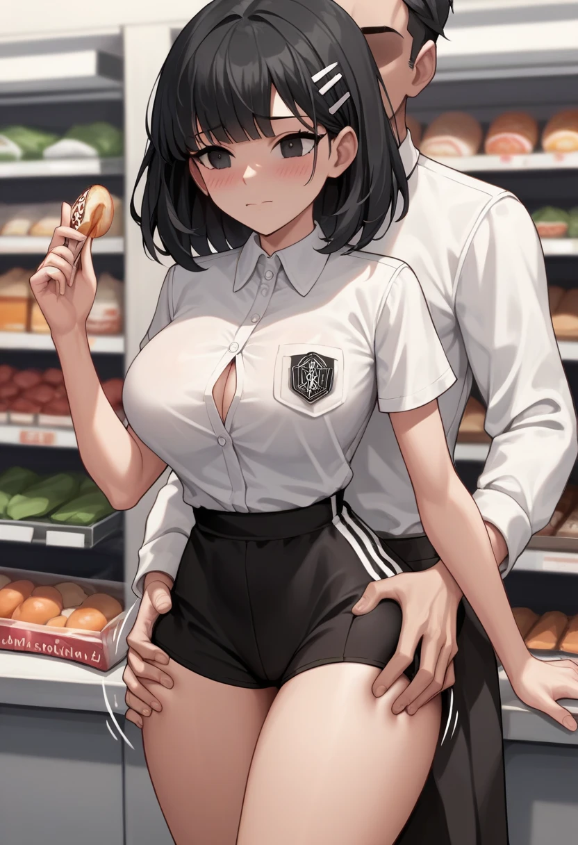 score_9, score_8_up, score_7_up, source_anime, best quality, clear face, friend's sister, black hair, black eyes, medium hair, large breasts, perfect body, looking at , cute embrassed,neutral,blush,wearing tight plain white shirt and black mini exposing thight shorts,view ,big tit,hot,r,motion lines,motioon lines,standing ,big sexy thighs,sexy,curvy ass,hourglass body,sexy,on the street, in grocery store,evil big strong man grabbed her ass, ass grab