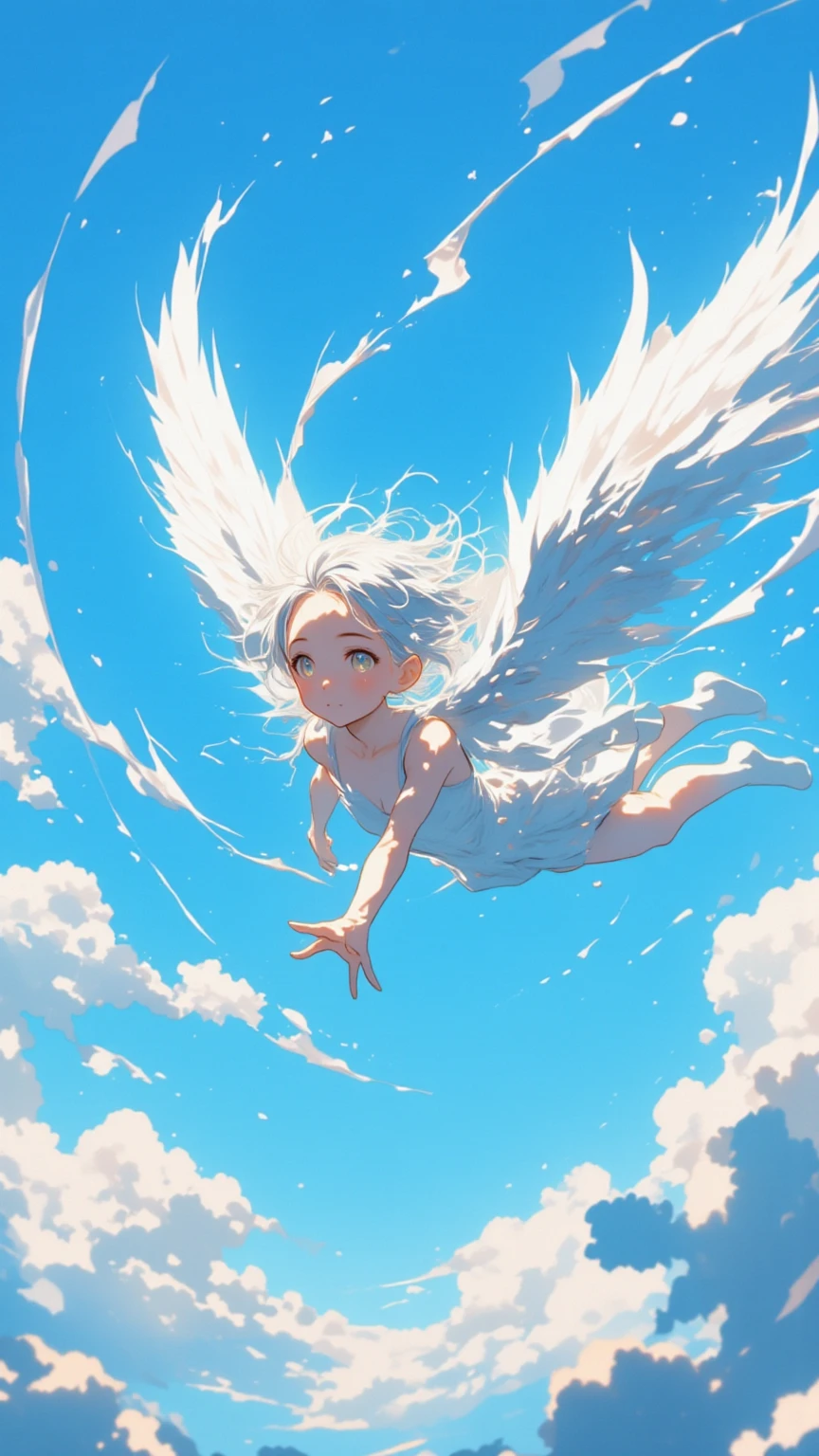 （masterpiece、 High Quality 、 high image quality、4K、8k、 Details、 Perfect Bodies、fingers, hands Correct body）、to plummet、a cute angel girl 、white wings, Skydiving Poses、Rapid descent from the sky、Express a sense of speed during a steep descent（ motion blur ：2.0）