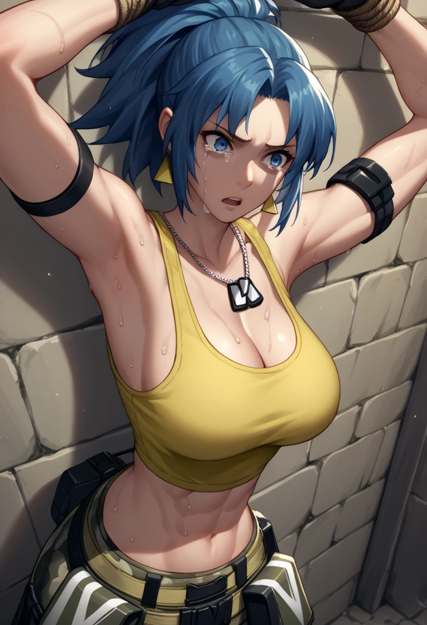 score_9, score_8_up, score_7_up, source_anime, solo, 1girl, Leona Heidern, dark yellow tank top, midriff, cleavage, camouflage pants, triangle earrings, black gloves, looking at armpit, parted lips, dark blue hair, blue eyes, ponytail, dog tags, military background, armpit open up, hands tied, muscular, sweaty, shoulder bracelet, tied to the wall, stick on the wall, looking at side, scared, open mouth, crying, torture chamber