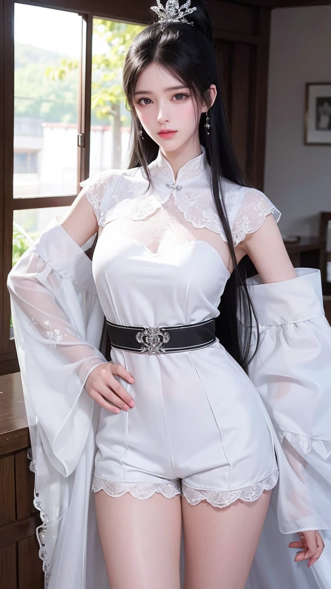 ((Realistic lighting, Best quality, 8K, Masterpiece: 1.3)), Clear focus: 1.2, 1girl, Perfect body beauty: 1.4, Slim abs: 1.1, ((dark brown hair)), (White dress: 1.4), (Outdoor, night: 1.1), City Street, Super Fine Face, Fine Eyes, Double Eyelids, (Over the knee black stockings: 1.5)