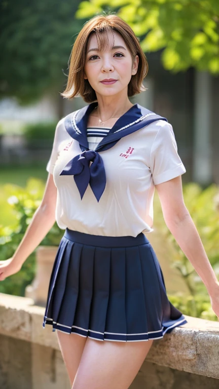 full body shot, from below,  Japanese woman with a viewing angle of, Wife, (48 years old:1.6),  detailed face , (Facial wrinkles, Wrinkles around the eyes, Aged skin texture :1.6), happy smile,  detailed skin texture,  white skin,  heavy makeup ,  long hair, (curvy body, saggy breasts,  plump thighs), (earrings,  necklace, school uniform, sailor uniform, sailor collar, sailor collar ribbon,  navy blue pleated mini skirt:1.2), ( wearing high heels:1.2), ( standing in the park,  My whole body is photographed from toe to head:1.2), (surrealism, best quality, ultra detailed, absolutely resolution, 8k, anatomically correct), depth of field, looking at viewer, tachi-e, (gal.safetensors), full body,  detailed face , Wifeが制服を着てコスプレしている, model posing,  full body photo
