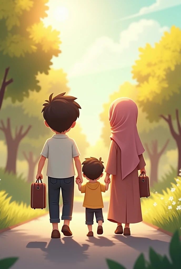 Jehovah's Witness girl knocking on the door with her parents. cartoon style