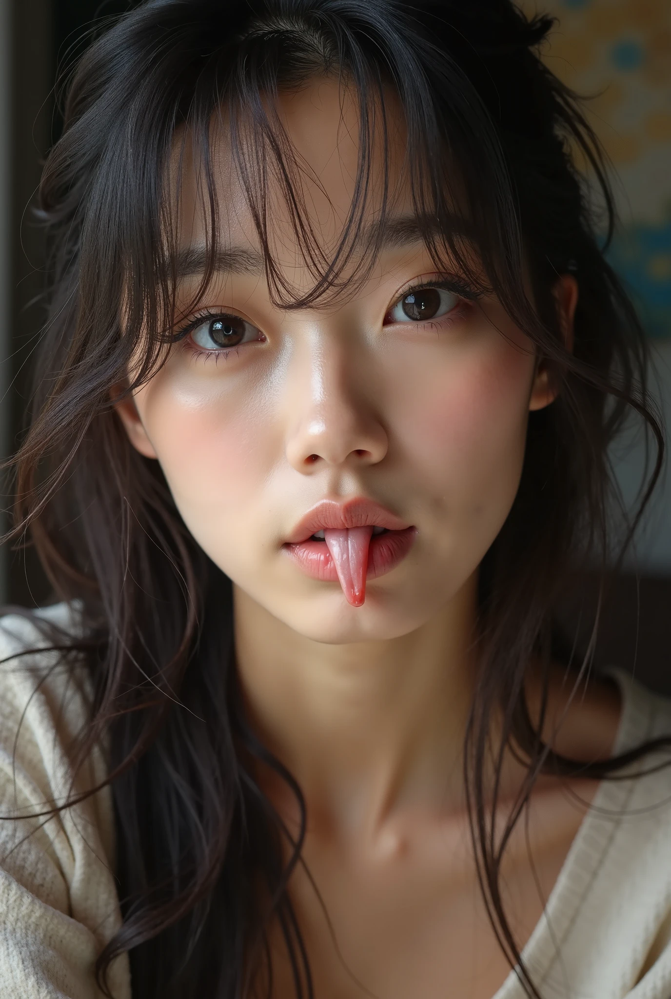 Picture of a woman's face 、( sharp focus ), From below, ( please kneel and look upward:1.10), ((Open your mouth:1.6)), ( stick out your tongue:1.8), (Ultra-detailed beautiful faces:1.10), (Ultra-detailed beautiful slim body:1.9), 21 years old, ( Super Detailed Beautiful Japanese Beauty Female Idols:1.7), ( troubled face:1.3), Woman in the center of the image, break,  photorealistic,  hyperrealism,  portrait of young adorable Japanese face, Japanese facial features,  Young and Cute Skinny Oriental Faces,  Bust Up Shot, 21 years old idol with a cute face,  beautiful Japanese girl's face , Japanese facial features,  she has a lovely look , ( Fairytale lingerie,Halloween makeup:1.5), 