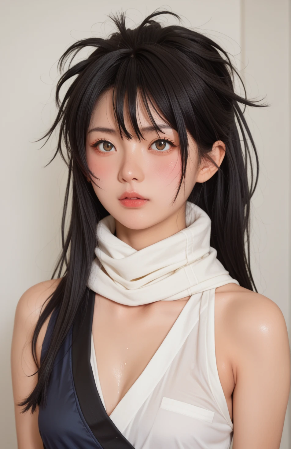 Full face portrait, masterpiece, best quality, high quality, anime, 1girl, solo, small breasts, ninja, sleeveless, scarf, asymmetrical clothes, japanese clothes, chest sarashi, AERikkaDef, black hair, long hair, full-face blush, sweat, detailed hair, sexy expression, messy hair