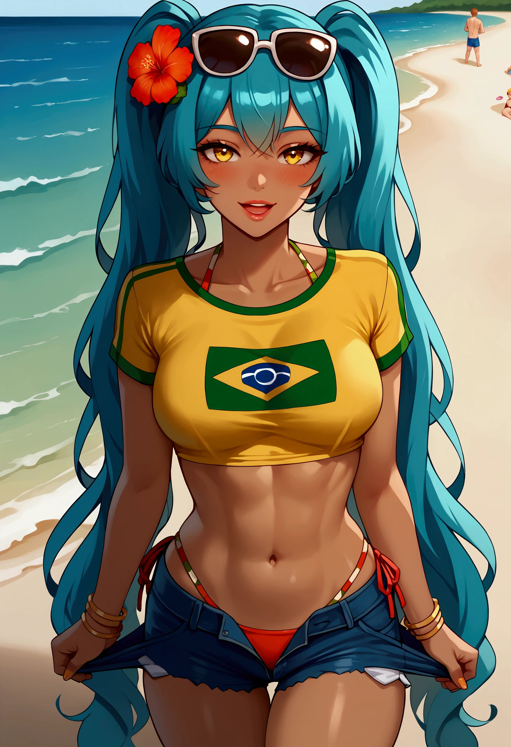 Full quality, HD, 8k, Ultradetailed, beautiful, high detailed, 1 girl, Miku Brazil, Brazilian Miku, seductive eyes, lips, drunke, blushing,smile, open mouth, eyes up,brown skin, fit body, flat busty, blue hair, two very long pigtails, up sunglasses on head, flowers on hair, bikini, yellow tight Brazil t-shirt, tight jeans shorts, Beach, beach day, clear day, , take off clothes, strip, strip game, stripper girl, undress, unclothe,  undressing, undressing herself, semi naked body, pov