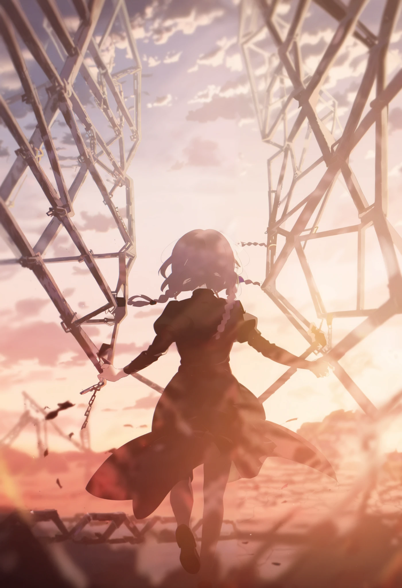 1 Girl，Young girl，Trapped in an iron cage like a small bird，Back，Gray long hair，braid， black dress ，Hand outstretched，Sunset background