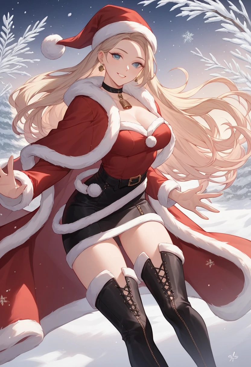 full body portrait of a photo realistic beautiful girl, 1 girl, facing forward, waifu, flowing hair, short seductive winter christmas clothing, big beautiful flirtateous open eyes, standing straight, cinematic lighting, winter christmas background, highly detailed, digital painting, trending on artstation, pixiv, concept art, sharp focus, illustration, art by ross tran and wlop, Glowing eyes, Best quality, good lighting, large breasts with cleavage, seductive face, Masterpiece, image must include a cute small dog