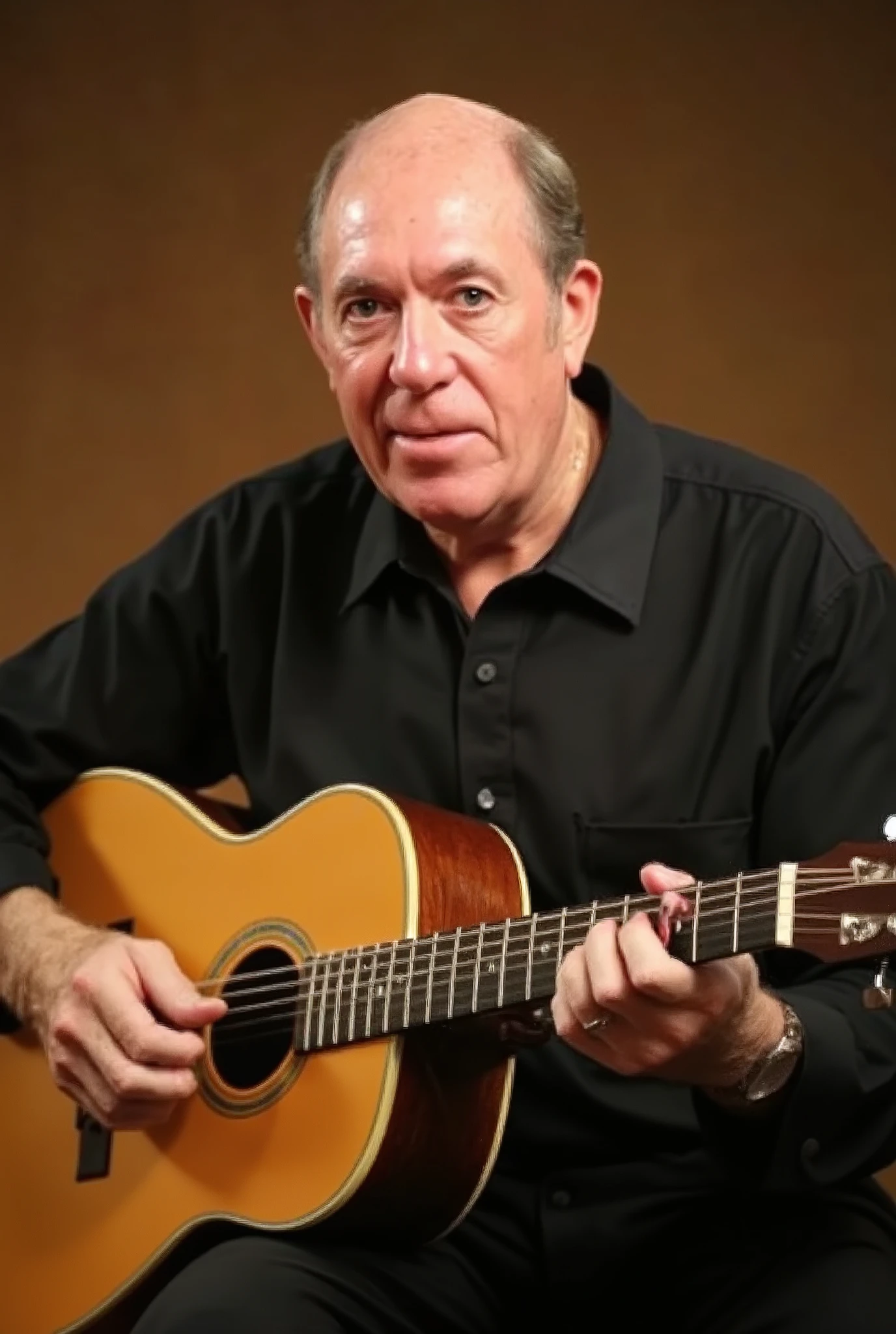 A high-resolution photograph of John Lowe, playing an acoustic guitar