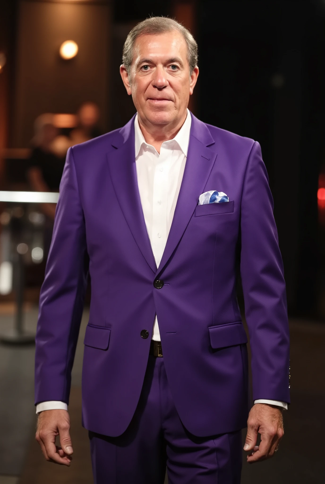 A high-resolution photograph of John Lowe, wearing a vibrant purple suit with a white dress shirt, standing in a dynamic pose.