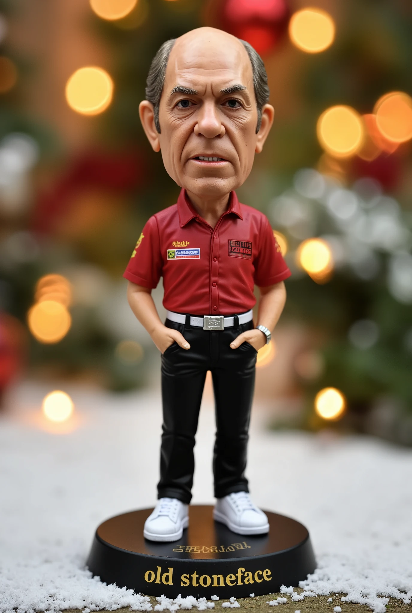 This is a high-resolution photograph of a detailed, miniature action figure of John Lowe, standing on a round, black base. The figure, which appears to be modeled after a dart player, has a rugged, intense expression. He is wearing a darts shirt with a silver belt and black pants. The figure also wears white sneakers. The figure is positioned centrally in the image, with its hands in pockets, giving it a stance that suggests relaxation. 3d text reading "Old Stoneface" is engraved in gold in the base. The background is slightly blurred, with a bokeh effect that highlights the figure and creates a sense of depth. The background appears to be an outdoor, snowy Christmas setting, with festive lights and elements. The colors in the background are warm and vibrant, with a mix of green, whites, and red hues, suggesting it might be a park or a public space during winter. The lighting is from Christmas lights, casting soft shadows and adding a warm glow to the scene. The overall mood of the image is dynamic and focused, emphasizing the detailed and expressive miniature figure.