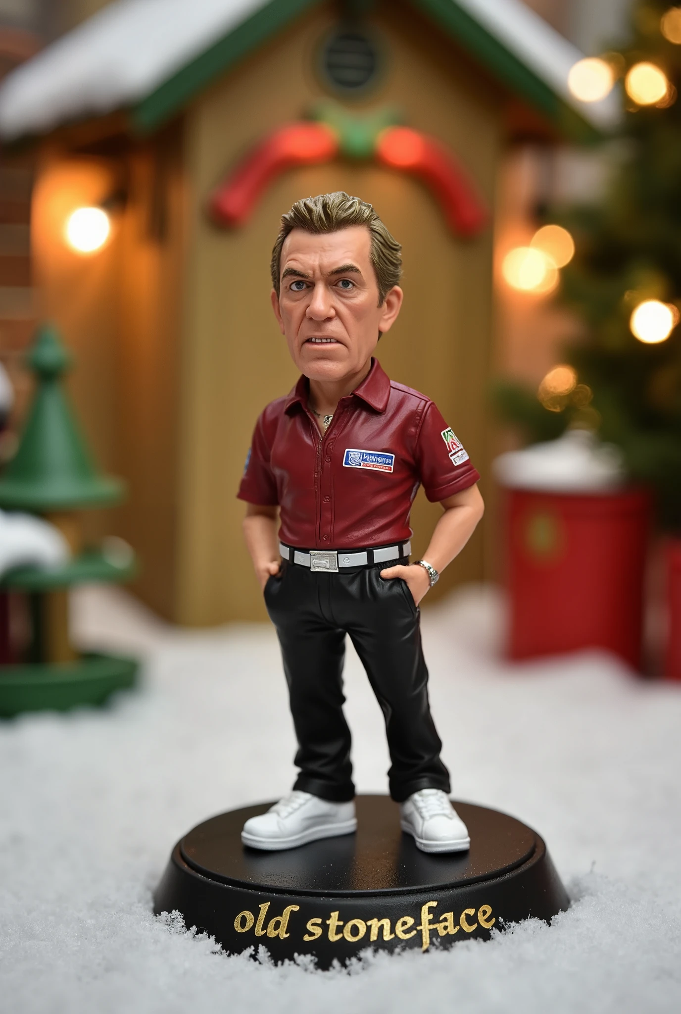 This is a high-resolution photograph of a detailed, miniature action figure of John Lowe, standing on a round, black base. The figure, which appears to be modeled after a dart player, has a rugged, intense expression. He is wearing a darts shirt with a silver belt and black pants. The figure also wears white sneakers. The figure is positioned centrally in the image, with its hands in pockets, giving it a stance that suggests relaxation. 3d text reading "Old Stoneface" is engraved in gold in the base. The background is slightly blurred, with a bokeh effect that highlights the figure and creates a sense of depth. The background appears to be an outdoor, snowy Christmas setting, with festive lights and elements. The colors in the background are warm and vibrant, with a mix of green, whites, and red hues, suggesting it might be a park or a public space during winter. The lighting is from Christmas lights, casting soft shadows and adding a warm glow to the scene. The overall mood of the image is dynamic and focused, emphasizing the detailed and expressive miniature figure.