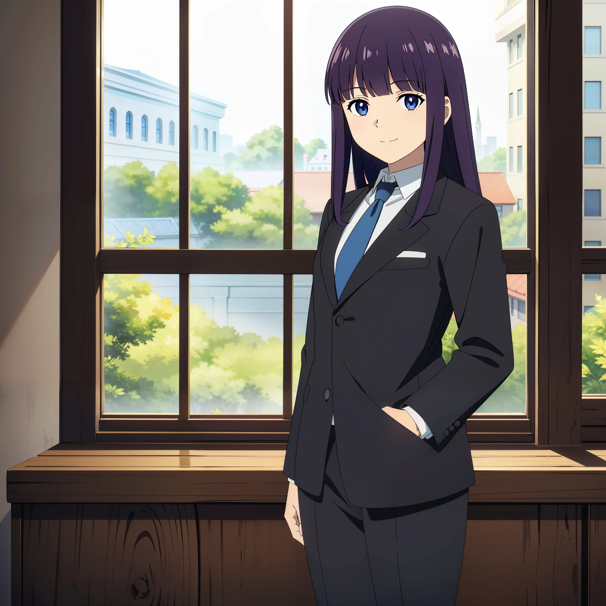 (safe:1.10), best quality, masterpiece, highres, solo, (fern_sousounofrieren:1.10), portrait, looking at viewer, anime_style, 14,(masterpiece:1.0),(best_quality:1.0), ultra high res,4K,ultra-detailed, photography, 8K, HDR, highres, woman in formal attractive suit tuxedo tailcoat standing in a large alcove in the room, 1girl, solo, necktie, black hair, blue eyes, long hair, smile, jacket, looking at viewer, shirt, pants, blue necktie, collared shirt, white pants, white shirt, indoors, bangs, long sleeves, closed mouth, window, black jacket, blush, cowboy shot, formal, suit , badass