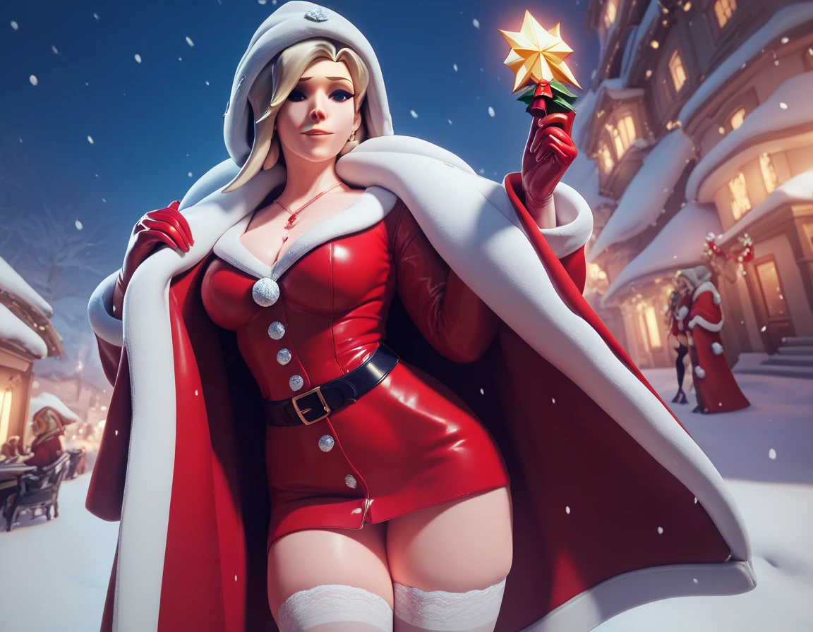  Mercy from Overwatch ,     is a masterpiece of high-quality photography, winter background,    Christmas erotic atmosphere , 18+ ,  red christmas trench coat with white hood, yuka and stockings , black belt,  snow maiden 