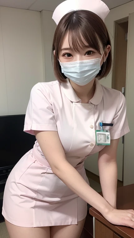 1 girl,(Wearing white nurse clothes:1.2),(RAW Photos, Highest quality), (Realistic, photo-Realistic:1.4), masterpiece, Very delicate and beautiful, Very detailed, 2k wallpaper, wonderful, finely, Very detailed CG unity 8k wallpaper, Very detailedな, High resolution, Soft Light, Beautiful detailed girl, Very detailed eyes and face, Beautiful and detailed nose, finely beautiful eyes, nurse, Perfect Anatomy, Black Hair,, nurse uniform, ((mask)), skirt, nurse, White costume, thin, hospital, clear, White Uniform, hospital room, Working with his back to me、Stretching to get medicine that is high up