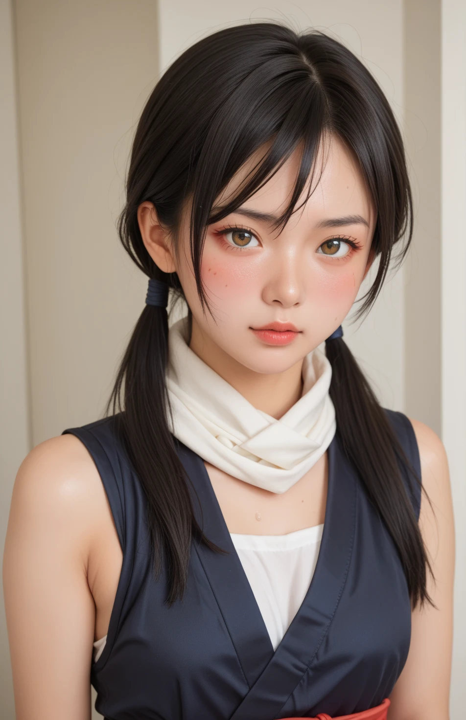  portrait, masterpiece, best quality, high quality, anime, 1girl, solo, small breasts, ninja, sleeveless, scarf, asymmetrical clothes, japanese clothes, chest sarashi, AERikkaDef, black hair, long hair, full-face blush, sweat, detailed hair, sexy expression, low twin tail