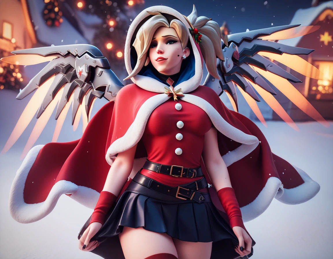  Mercy from Overwatch ,     is a masterpiece of high-quality photography, winter background,   Christmas atmosphere erotica  , 18+ ,  red christmas cloak with white hood, Skirt and stockings, black belt,  snow maiden , hands drawn , fingers