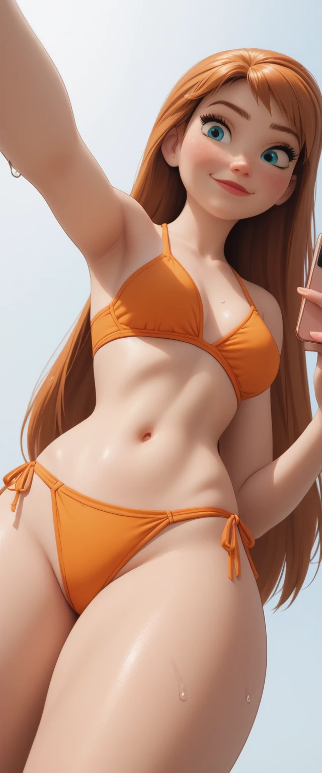 score_9, score_8_below,1 (Anna (Frozen Disney ) red hair ,  long hair , side strip,  Blue Eyes, (:1.1),  orange bikini,orange bikini, exposed legs , thick thighs ,shezfe , up to the knee, wet,
Selfie,focus only,  half-closed eyes ,  smiley expression ,,  low angle portrait swimsuit,  cinematic lighting white background,