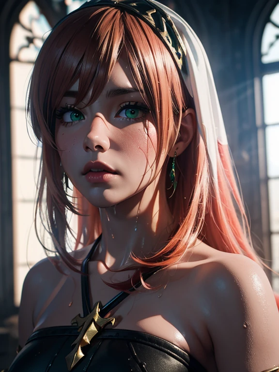  short,   red hair ,  green eyes , rags , wet girl .  photorealism . bright, saturated colors. unreal engine.  3d Model.  ultra-high quality textures.  8k resolution