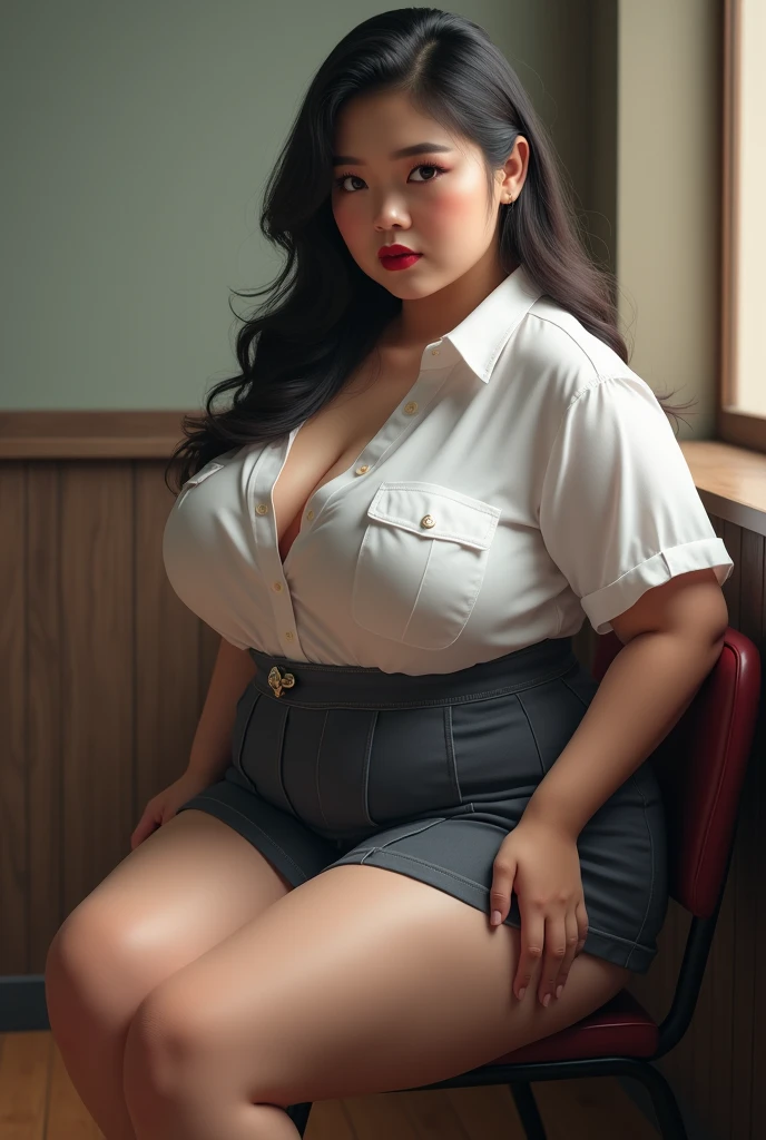 (Masterpiece, Best quality, High quality:1.4),  (Curvy:1.1), Sit cross-legged at your desk, Office, (Full body shot:1.1),
Short hair, lipstick, natural Makeup, Ultra Detail Hair, Ultra Detail Face, (Purple eyes:1.05), Perfect eyes, Perfect face, Earrings, (Confused, Blush:1.2), (a garter belt:1.1), pencil skirts, office uniform, high-heels,
(Large breasts:1.1), cleavage, Big ass, Thighs, wide hips , fat belly , Burka clothes model
