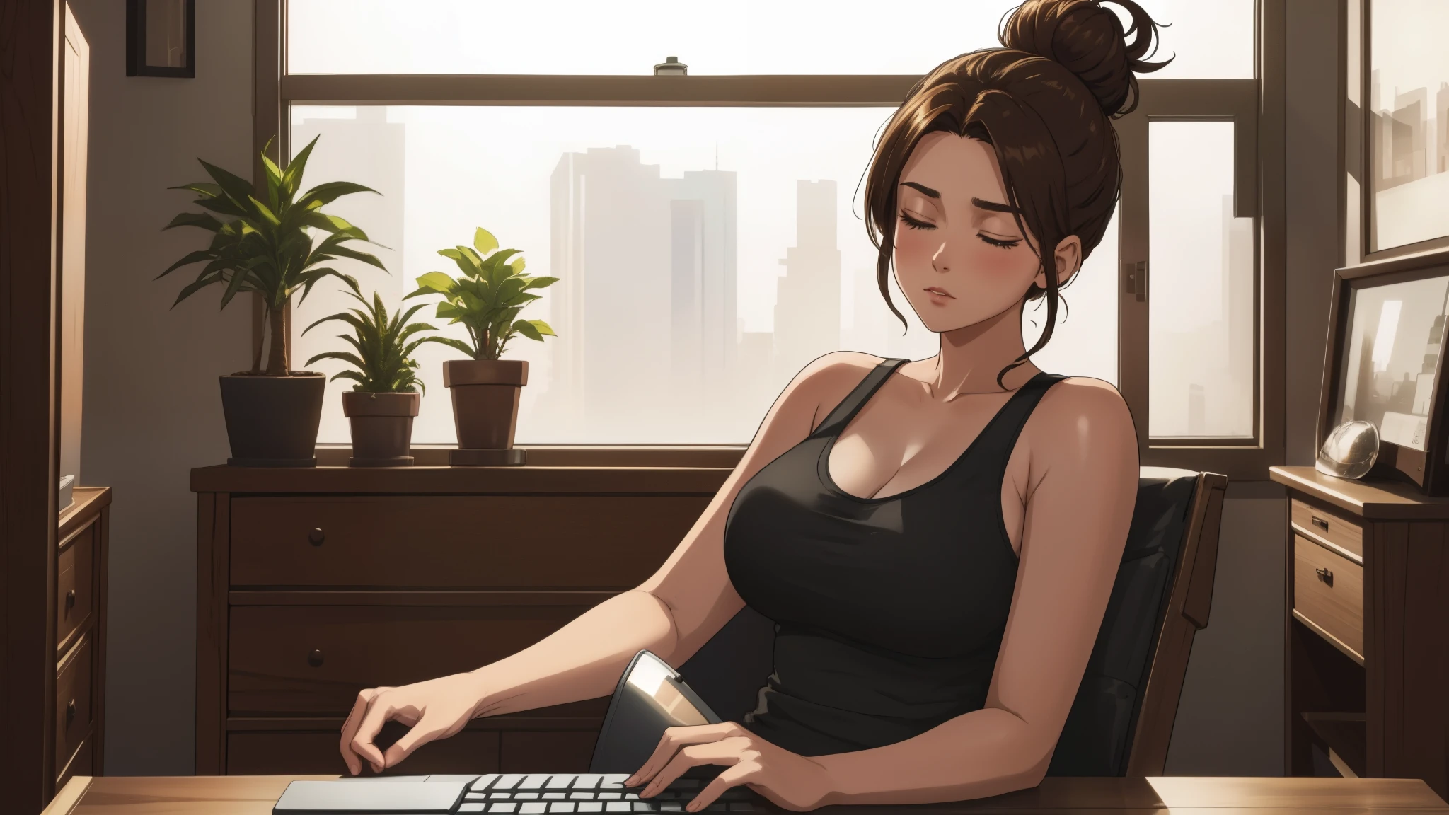 "A woman with brown hair styled in a messy bun sits at a wooden desk, focused on her black laptop in a softly lit room. She is wearing a black tank top, and her posture conveys deep concentration, hands lightly resting on the keyboard. The room is filled with a warm, golden glow streaming through two large windows, which reveal a hazy futuristic cityscape in the background. The cozy setting includes potted plants, framed photos, a red desk lamp, and subtle reflections on the polished wooden desk surface. Realistic textures, soft shadows, and cinematic lighting create a calm, immersive atmosphere."