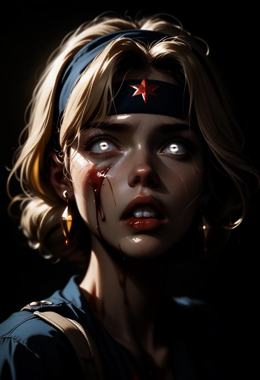  American plane, Blonde girl ((detallada)),  scared , white eyes, Has a headband,  shiny earrings , dressed elegantly,  blood on her face, lost look ,  dark background, Light and dark light . mysterious