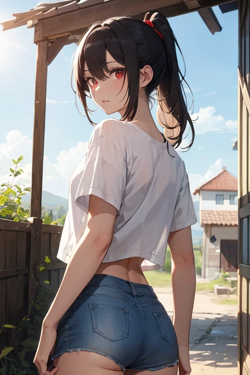 14 Years Old Girl, tetas grandes, shorts, camiseta, Underboob, sexy, flaco, Cintura diminuta, caderas grandes, semidesnudo, cabello negro, perfecto, llanto, bashful, sonrojarse, Small, Vista posterior, pechos semidesnudos