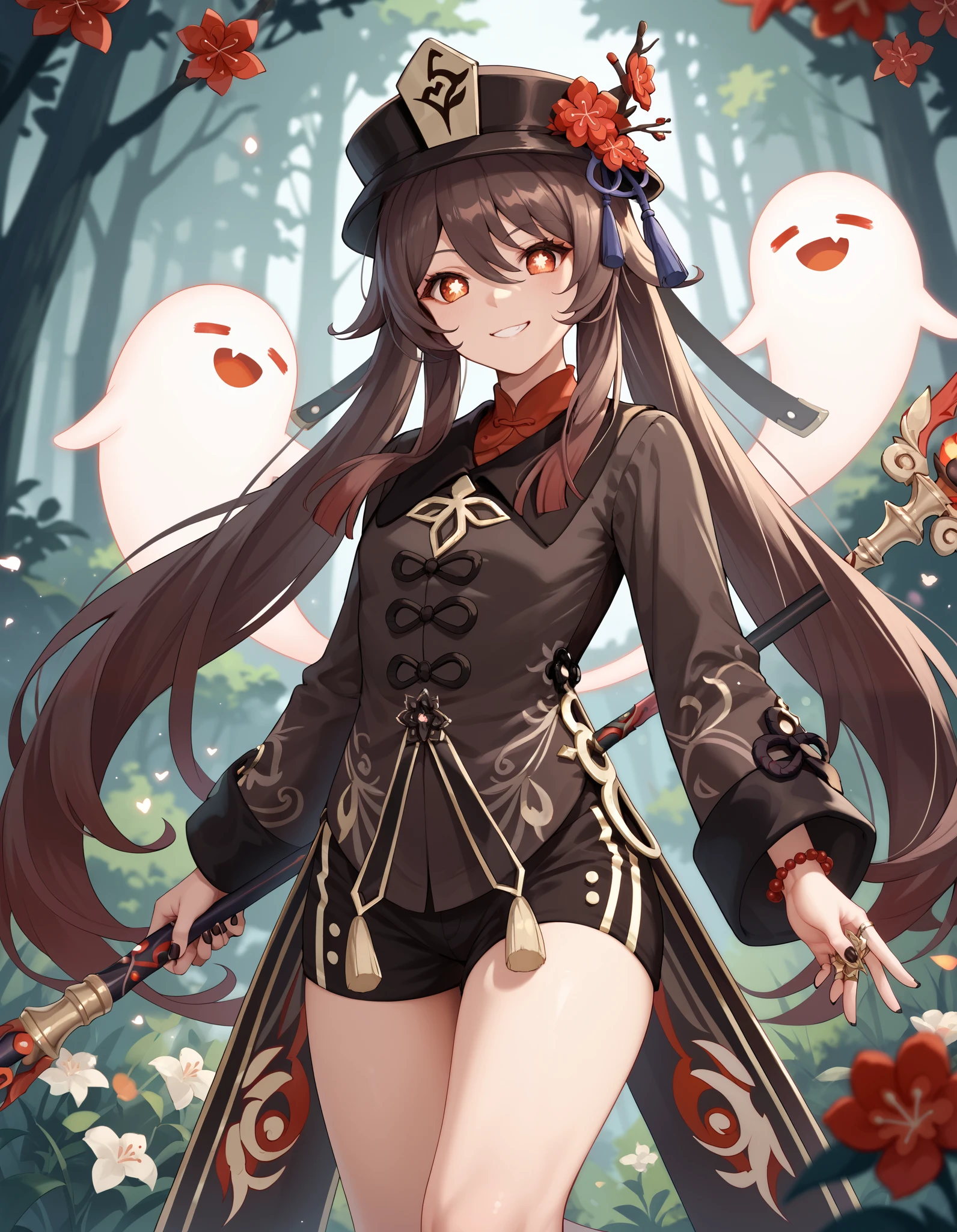 score_9, score_8_up, score_7_up, hu tao,official_costume, boo, weapon, holding, holding staff of homa,v, sexy pose, seductive smile, forest background, flowers