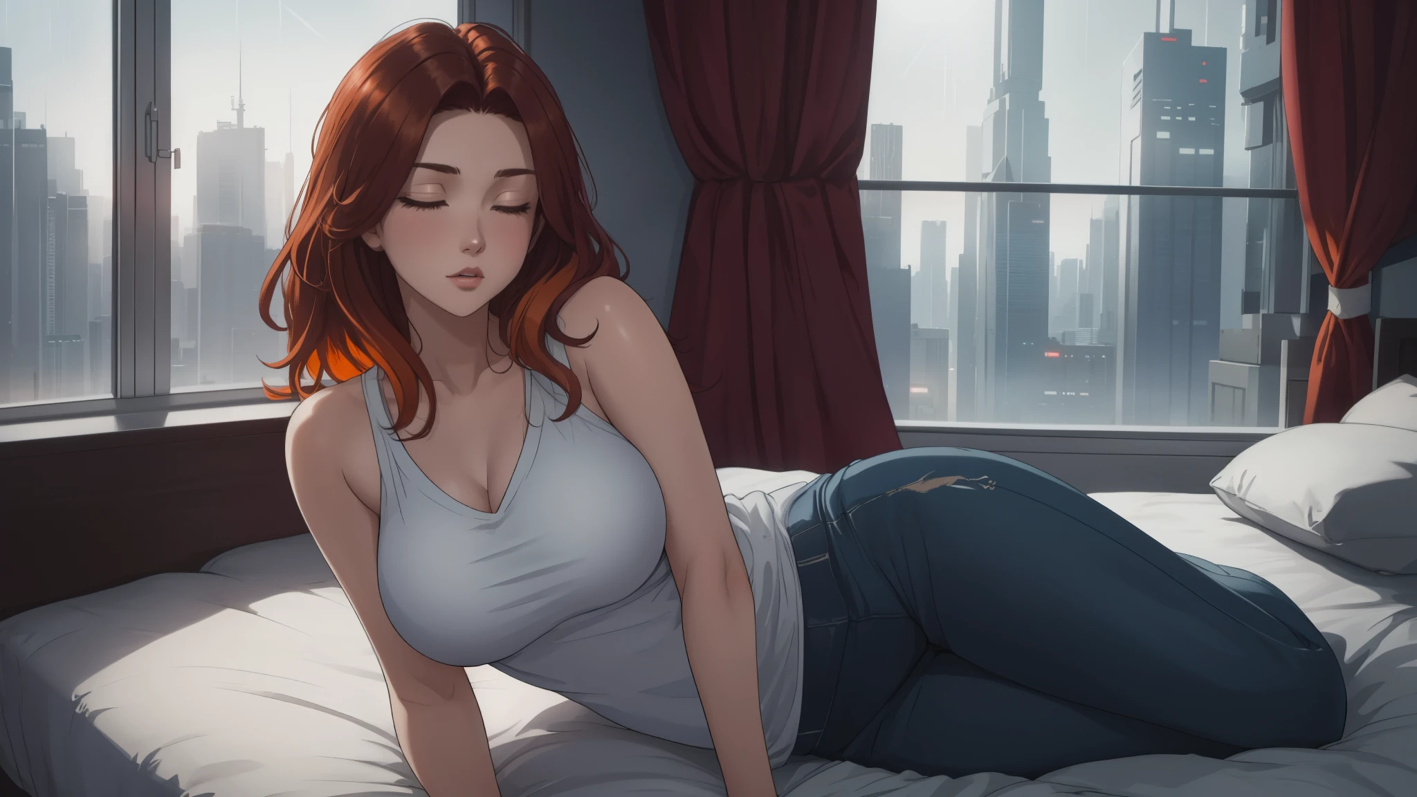 "Create a cinematic, cozy bedroom scene at nighttime with a futuristic cityscape visible through a large window. A young woman with shoulder-length, vibrant auburn hair reclines on a neatly made bed. She is wearing an orange hoodie and snug blue jeans. Her pose is relaxed, lying sideways, propped up by her right arm with her hand gently supporting her head, and her legs bent slightly in a natural, comfortable manner. Her facial expression conveys calm contemplation, as she gazes softly into the distance. The room is softly illuminated by two modern bedside lamps, casting a warm, ambient glow that contrasts beautifully with the cool, bluish lights coming from the vibrant city skyline outside. The window reveals tall, illuminated skyscrapers with a subtle rain effect, creating a cinematic cyberpunk mood. The lighting is atmospheric, blending warm tones from the interior with the moody, futuristic light from the city outside. The art style should be detailed and semi-realistic, with sharp textures and soft shading. Focus on the vibrance of the orange hoodie against the muted background, and add subtle reflections of city lights onto the bed surface to enhance realism. The moment captures a serene, introspective evening, rich with mood and cinematic storytelling."
