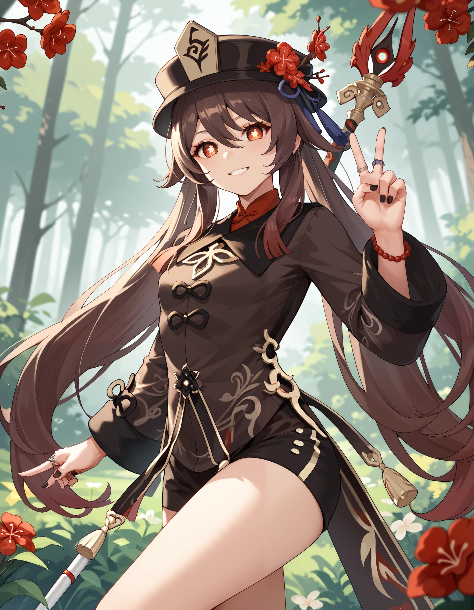 score_9, score_8_up, score_7_up, hu tao,official_costume, , weapon, holding, holding staff of homa,v, sexy pose, seductive smile, forest background, flowers
