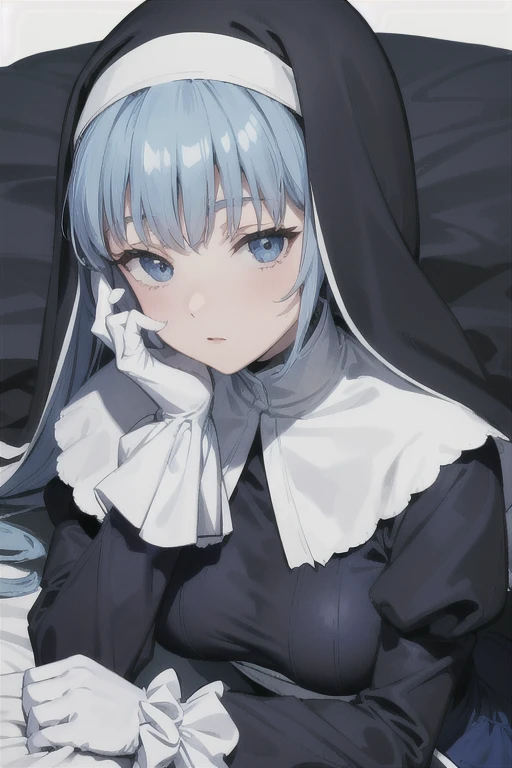 Mature women, nun, 1girl, solo, blue nun outfit, puffy sleeves, blue cape ,blue long skirt, white gloves, long deep black veil, vail cover her face,(look at viewer), vail covered face, (perfect skin),(no emotion ), anime, room, bedroom, sexy pose, lying down