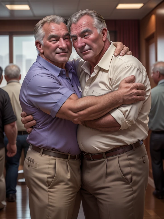 Gained weight７０ -year-old man and a strong ８０Talented men are hugging each other。 white open collared shirts 。Brown chinos 。The arms of the two are depicted independently。Precise depiction。 highest resolution。Maximum number of pixels。 Best Picture Quality 。 hyperreal。 photorealistic 。