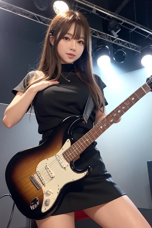 (Realistic, Photorealistic: 1.37), (masterpiece:1.3, Best Quality: 1.37), (Ultra High Resolution:1.2), (Raw photo:1.2), (Sharp Focus:1.3), (Face Focus:1.2), (Ultra detailed CG unified 8k wallpaper:1.2), (Beautiful skin:1.2), (shiny skin:1.3), (hyper-sharp focus:1.5), (Ultra Sharp Focus:1.5), (Beautiful pretty face:1.3), (The face of the Japan actress:1.3), (hyper detailed background, Detail Background:1.3), Real Human Skin, (Detailed face), (symmetrical eyes), (detailed and real fingers), front face, low angles, looking down to viewer, full-body shot, BREAK, 1girl:1.3, 20 years old, slim, (middle breasts:1.37, show cleavage), glossy lips, natural makeup, Idol singer standing in the center of the stage, spot light
Idol singer wearing(idol_singing_costume), (Lora:BetterDetailAndLighting:0.5), (Korean Idol, Gravure Idol), knee-high boots, piercings, a necklace, bracelet, hair bandana, yellow fingernails, hair-style(high ponytail:1.3), idol smile, Beautiful posture, An idol singer is holding a electric guitar and a microphone(coderess), background(idol stage:1.5), milky ways, planetarium